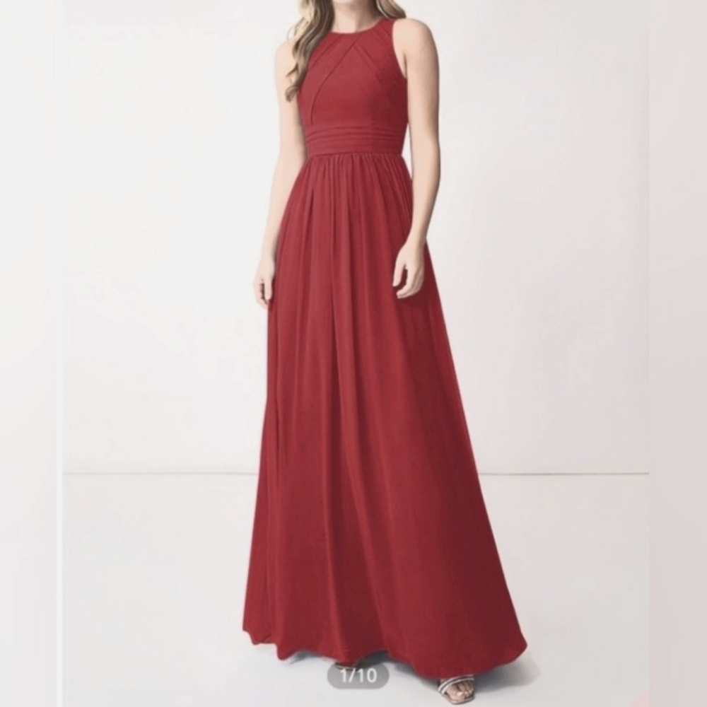 Azazie Harpe Scarlet Red Pleated Chiffon Bridesmaids Maxi Dress Size C /XS 0
